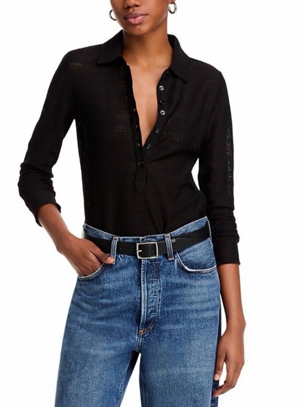 Rag & Bone Black Julia Open Knit Long Sleeve Polo Shirt Top Size S